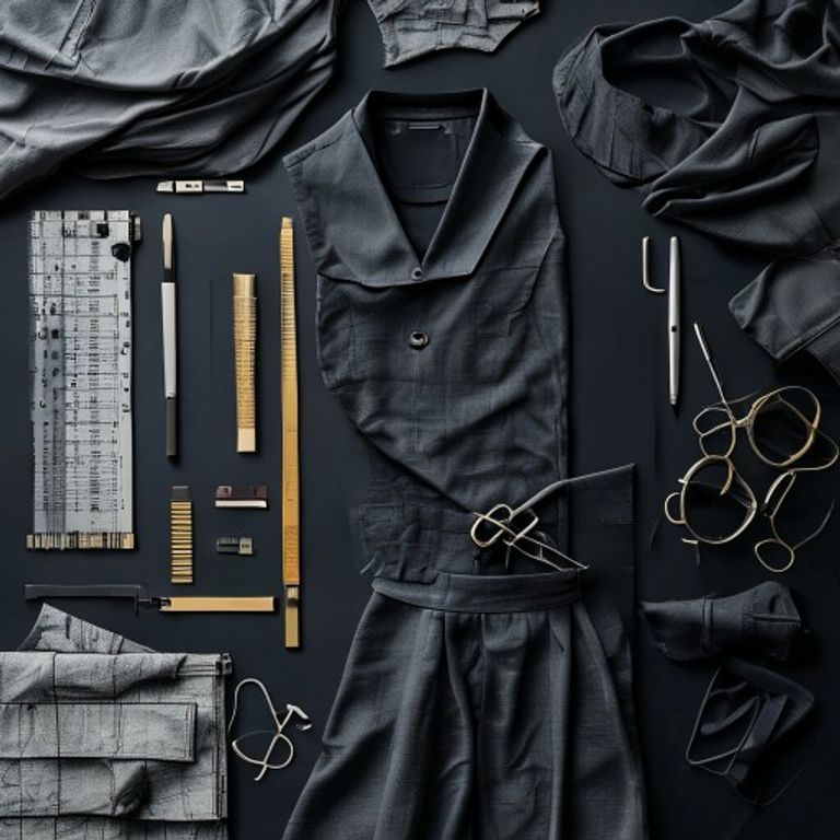 Minimalist masada moda çizimi ve kumaş numuneleri